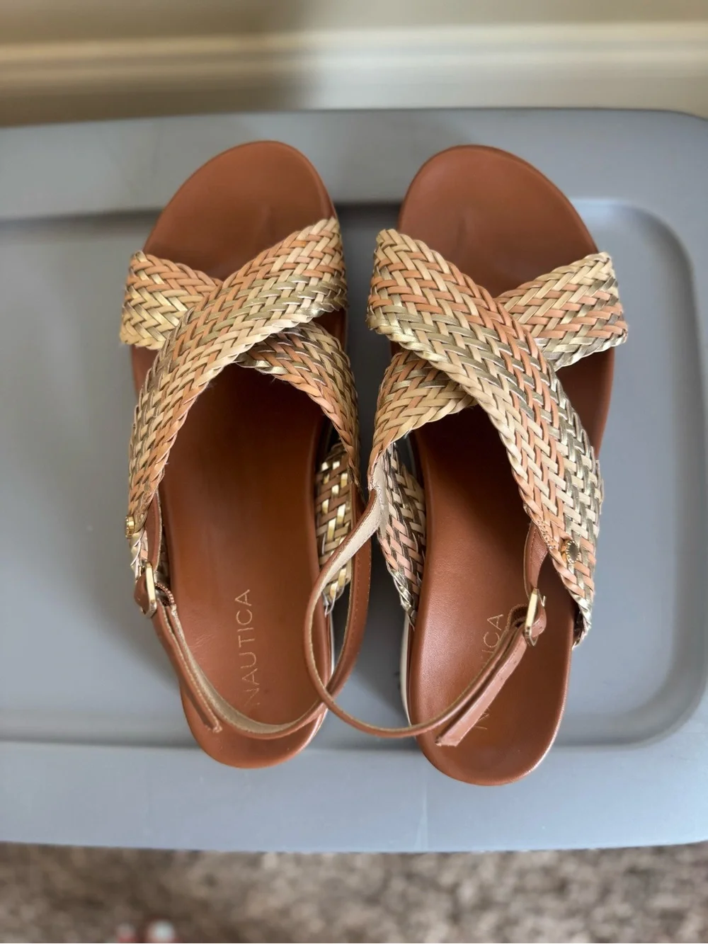 Nautica Women’s Woven Cross-Strap Slingback Sandals in Gold and Brown